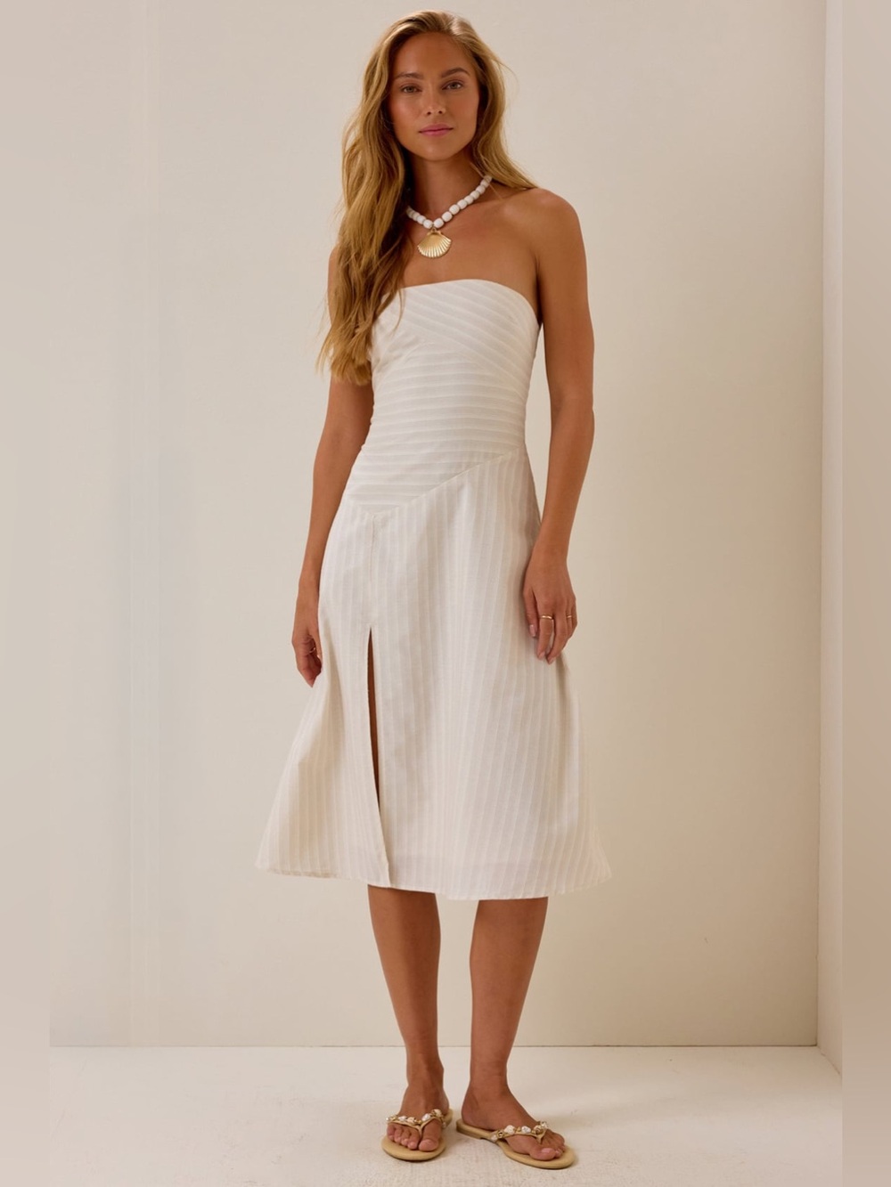 Altar’d State Marlee Striped Midi Dress Sand Size Small NWT